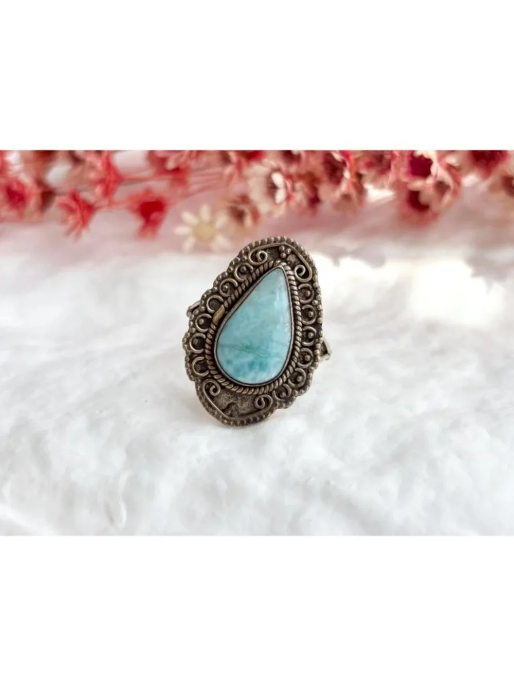 Blue Larimar Gemstone Scalloped Oxidized Sterling Silver 925 Vintage Ring - sz 8